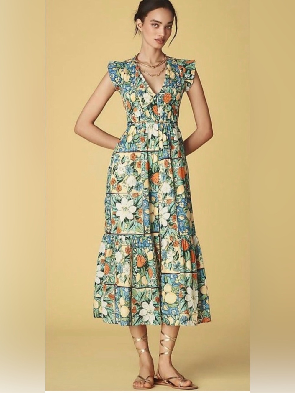 Anthropologie Peregrine Midi Dress Plus Size 3X Citrus Fruit Floral Print